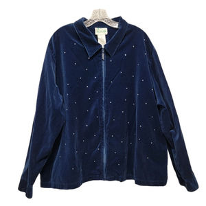 Quacker Factory Rhinestone Velour Lightweight Rhinestone Zip Jacket Blue Size 3X